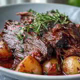 Fork-tender beef pot roast with roasted root vegetables and fresh parsley garnish on a rustic platter. 
