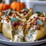 Fresh sage garnishes these rich Pumpkin & Gouda Stuffed Shells, nestled in a luscious brown butter Alfredo sauce ready to serve.