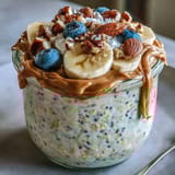 Stirred creamy oats reveal layers of the High-Protein Peanut Butter Overnight Oats with chia seeds and drizzled honey.