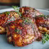 Juicy Crispy Baked Bone-In Chicken Thighs served with lemon wedges and fresh parsley garnish.