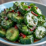 Crisp Asian cucumber salad with sesame and rice vinegar, featuring tangy dressing and fresh herbs, perfect for light appetizers or sides.