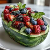 Vibrant watermelon carving board filled with fresh berries and mint, perfect for summer parties.