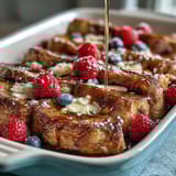 Fluffy pancakes baked with juicy mixed berries and a vanilla-scented custard, creating a comforting and colorful breakfast casserole.  