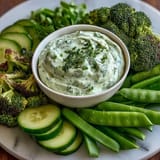 Fresh green snack board with cucumber, snap peas, and creamy avocado ranch dip for healthy entertaining.