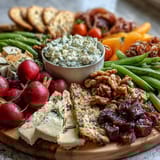 Vibrant charcuterie board featuring radishes, sugar snap peas, and herb dip, perfect for light entertaining.  