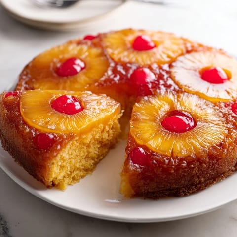Gooey caramelized pineapple and maraschino cherries top this warm homemade Pineapple Upside-Down Cake, perfect for a classic American dessert.