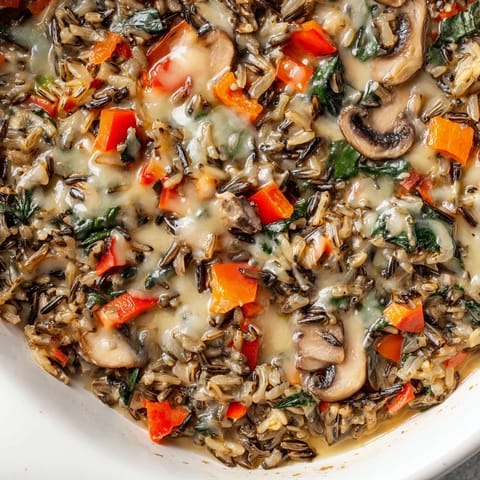 Spoonful of vegetarian Wild Rice Casserole reveals fluffy wild rice, spinach, and optional melted Gruyère cheese topping.