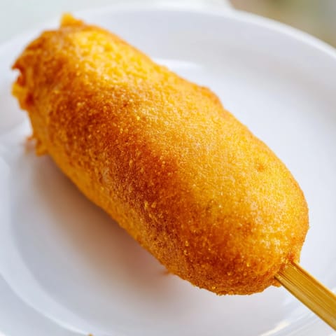 A hand holding a crispy corn dog, the sweet cornmeal batter visible in the light.