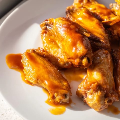 Crispy Honey BBQ Chicken Wings served with celery sticks and blue cheese dip on a rustic wooden board.
