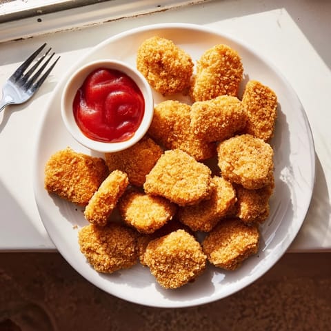 Crispy golden chicken nuggets resting on paper towels, glistening with oil next to a ramekin of honey mustard.