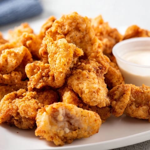 Homemade Popcorn Chicken fresh from the fryer, featuring juicy chicken inside a flavorful, extra-crispy crust.