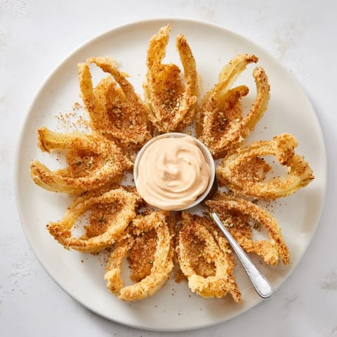 Freshly fried Blooming Onion with seasoned batter, served with zesty dipping sauce for a game day appetizer.