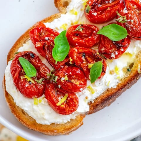 Creamy ricotta spread on toasted sourdough is topped with caramelized cherry tomatoes, creating a warm and inviting vegetarian breakfast or snack that’s ready in under 30 minutes.