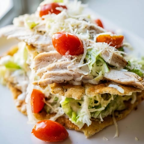 Golden-brown Caesar Chicken Flatbread loaded with juicy sliced chicken, fresh romaine, and a creamy drizzle of dressing.
