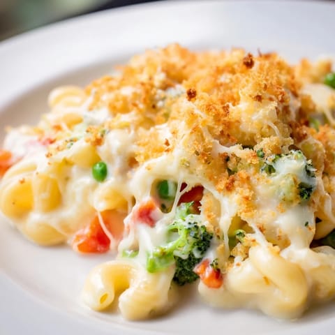 Bubbling, golden-brown Garden Veg Mac and Cheese fresh from the oven, featuring vibrant peas, broccoli, and carrots in a creamy cheese sauce.