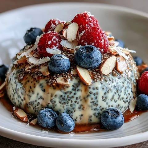 Creamy Poppy Seed Chia Pudding topped with fresh berries and crunchy almonds.