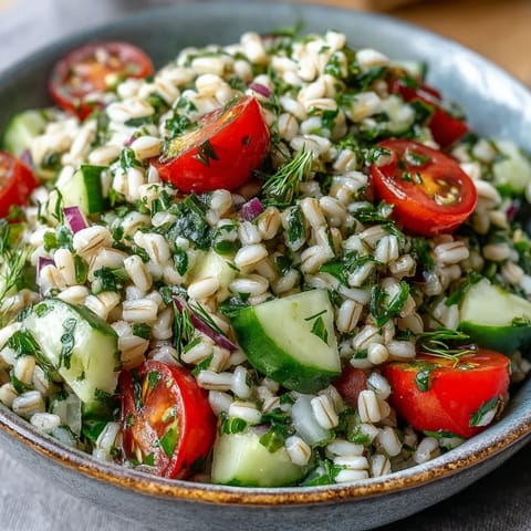 Fresh barley and herb salad glistening with lemon dressing on a white plate.