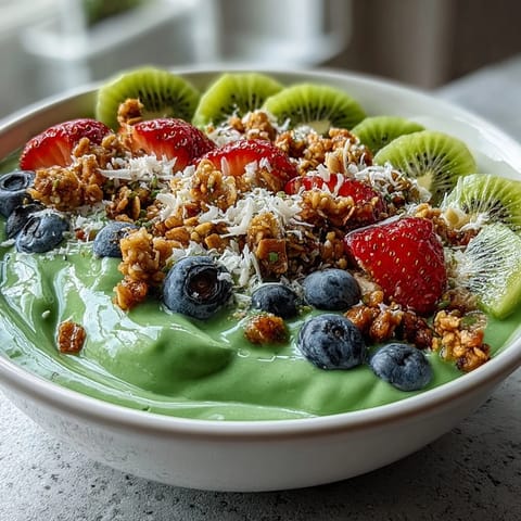 Close-up of a creamy Green Smoothie Bowl, a healthy breakfast with delightful texture.