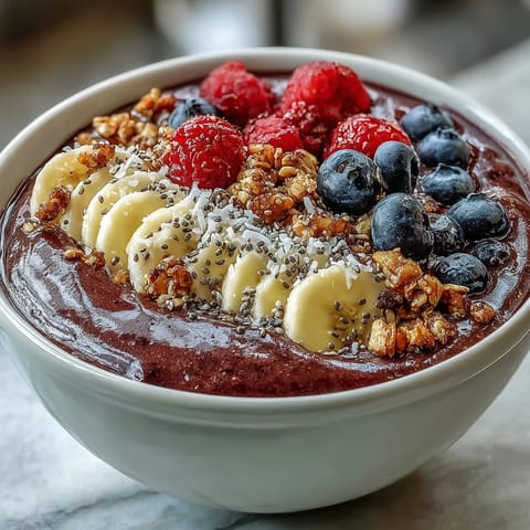 Vibrant acai berry smoothie bowl bursting with fresh fruit toppings and crunchy granola.