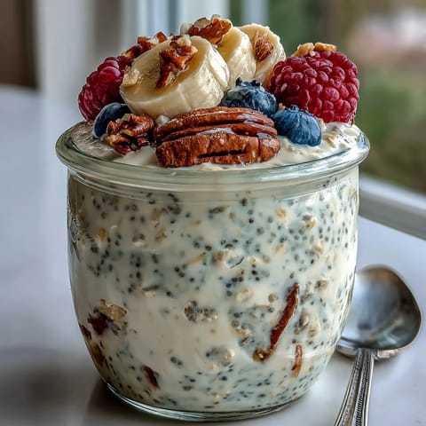 Fluffy overnight oats with chia seeds, perfect for a nutritious breakfast easily.