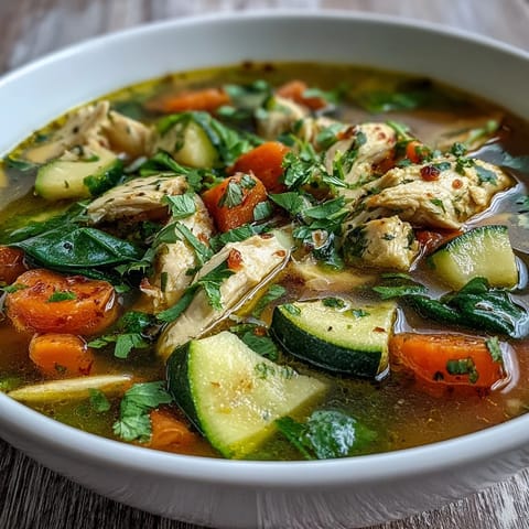 A steaming bowl of golden Turmeric Chicken Soup featuring tender chicken, zucchini, and fresh parsley garnish.