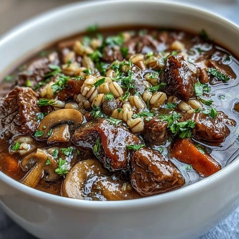 Close-up of Vegetable Beef, Barley, and Mushroom Soup in a rustic bowl, showcasing tender beef cubes, sliced carrots, and diced potatoes.