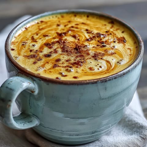 Golden, steaming Turmeric and Ginger Golden Milk served in a white mug, with a sprinkle of cinnamon and a honey dipper nearby.