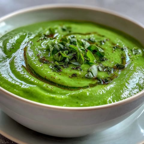 A bowl of vibrant Courgette, Pea and Pesto Soup, garnished with fresh basil leaves.