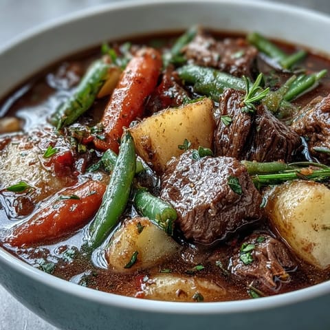 Steaming bowl of Beef and Vegetable Soup with tender beef, carrots, and potatoes in a rich broth.