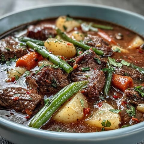 Freshly ladled Beef and Vegetable Soup garnished with parsley, served hot alongside crusty artisan bread.