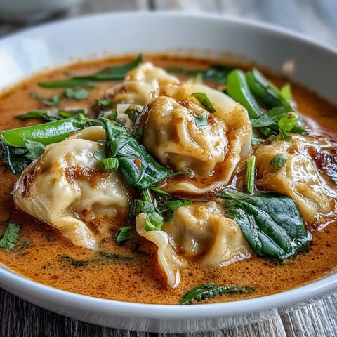 Steaming bowl of Red Curry Wonton Soup with greens, featuring fluffy dumplings and vibrant vegetables in a rich coconut broth.