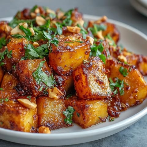 Hearty Curried Celeriac served warm as a vegetarian main dish topped with toasted cashews.