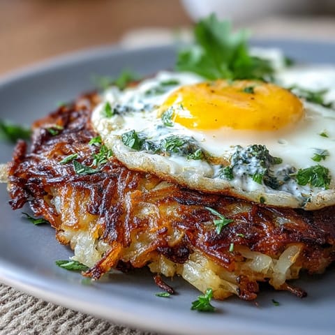Crisp, pan-fried celeriac hash browns with a dollop of creamy harissa yogurt and a sunny-side-up egg beside lemon wedges.