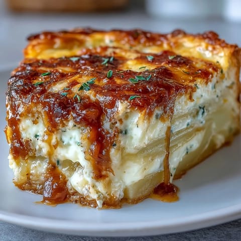 Golden-brown Cheese and Potato Pie with bubbling Gruyère and cheddar, served warm alongside a crisp green salad.