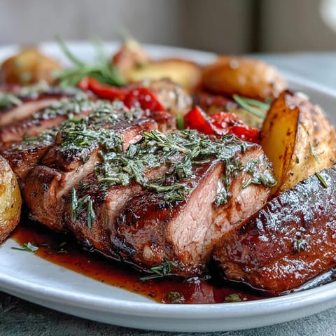 Roasted Marinated Ibérico Pork Fillet with golden potatoes and sweet red peppers, sliced for a Spanish dinner.