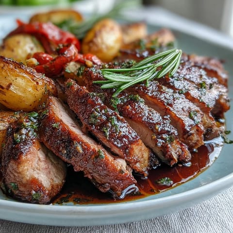 Golden roast potatoes and caramelized red peppers surround a juicy slice of Marinated Ibérico Pork Fillet.