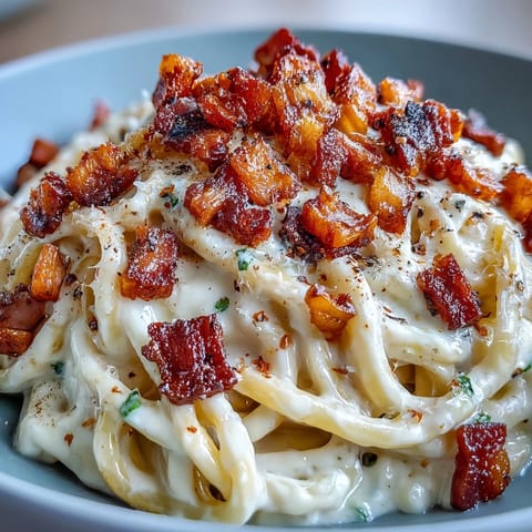 Steamed celeriac carbonara twirled on a fork next to a glass of white wine.