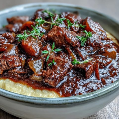 Creamy polenta topped with rich, dark venison stew flavored with sloe gin and aromatic herbs.