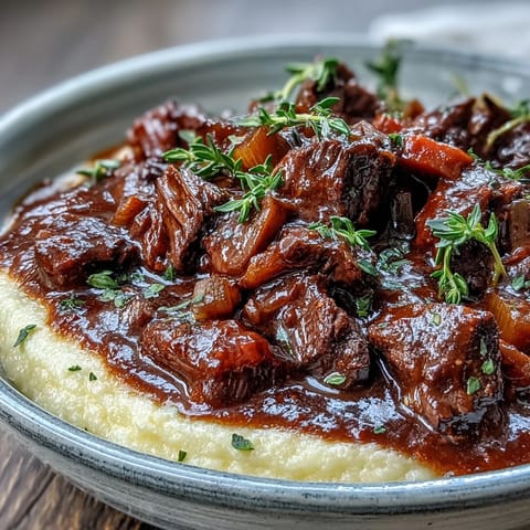 Fork-tender venison cubes simmered in a glossy, deep purple sloe gin sauce over soft polenta.