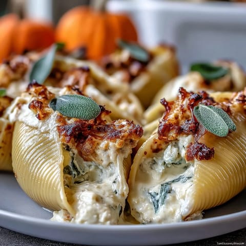 Fresh sage garnishes these rich Pumpkin & Gouda Stuffed Shells, nestled in a luscious brown butter Alfredo sauce ready to serve.