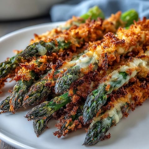 A close view of Crispy Asparagus Asiago Spears, crunchy coating with melted Asiago, served with lemon wedges.