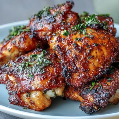 Close-up of Crispy Baked Bone-In Chicken Thighs with golden crackling skin on a wire rack.