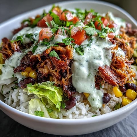 A close-up of a Carnitas Burrito Bowl, showcasing tender, slow-cooked pork, fluffy rice, and black beans, topped with vibrant corn and fresh lettuce.