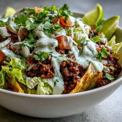 A healthy taco bowl features seasoned ground beef on crisp lettuce, topped with fresh cilantro and creamy lime yogurt crema.