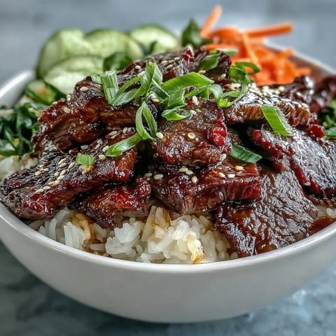 A close-up of the Korean Beef Power Bowl showing marinated beef, pickled carrots, and drizzled sriracha mayo.