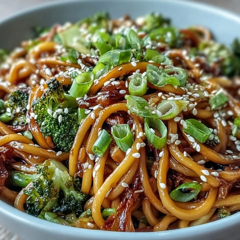 Vibrant Asian Teriyaki Noodle Bowl with glossy noodles, crisp broccoli, carrots, and sesame garnish.  