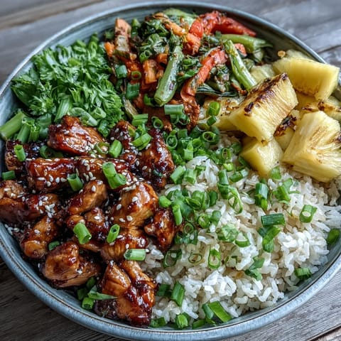Teriyaki Chicken and Rice Bowl with tender glazed chicken, fluffy rice, and colorful stir-fry vegetables topped with fresh pineapple.