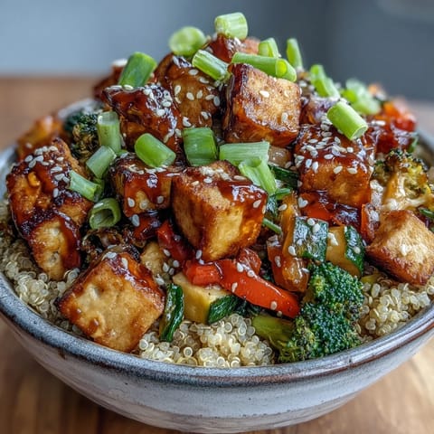 A close-up of a vibrant Quinoa Vegetable Teriyaki Bowl with golden crispy tofu and colorful stir-fried vegetables.