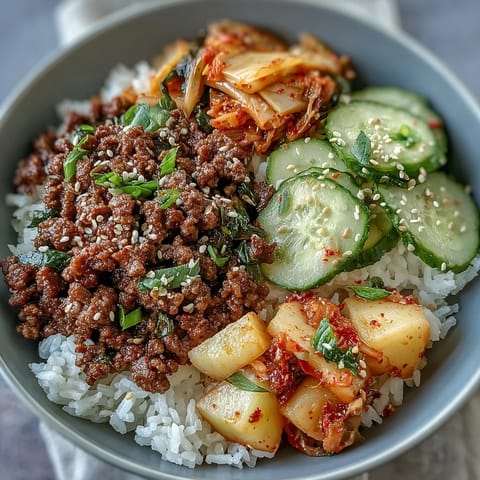 Korean Beef Bowl with spicy gochujang beef over rice and colorful pickled vegetables.  