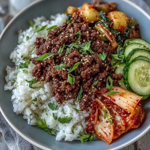 Flavorful Korean Beef Bowl topped with crisp cucumber, radish, and tangy kimchi for crunch.  